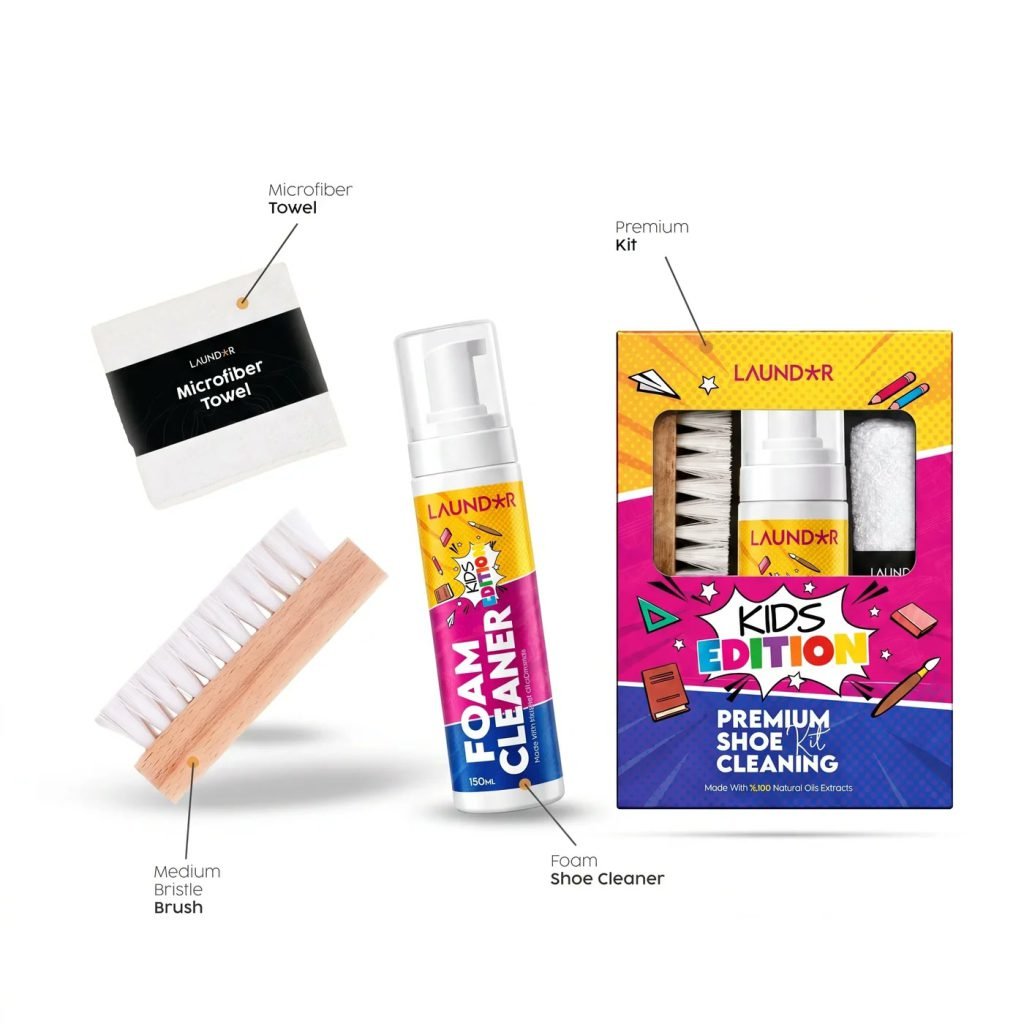 Laundor kit contents: foam cleaner, beechwood brush, microfiber towel